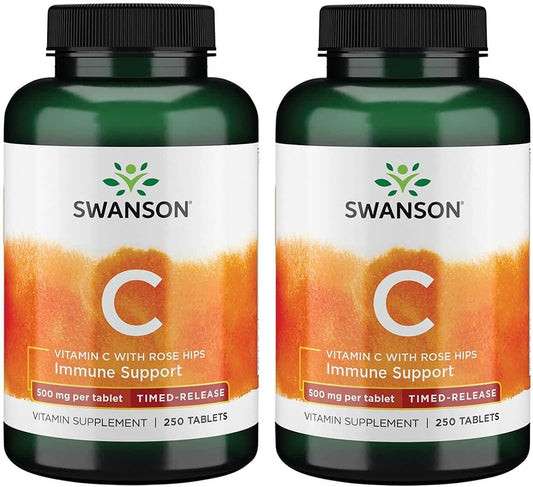500 mg Timed-Release Vitamin C with Rose Hips 250 Tabs for Immune & Cardiovascular Health - Antioxidant Supplement (2 Pack)