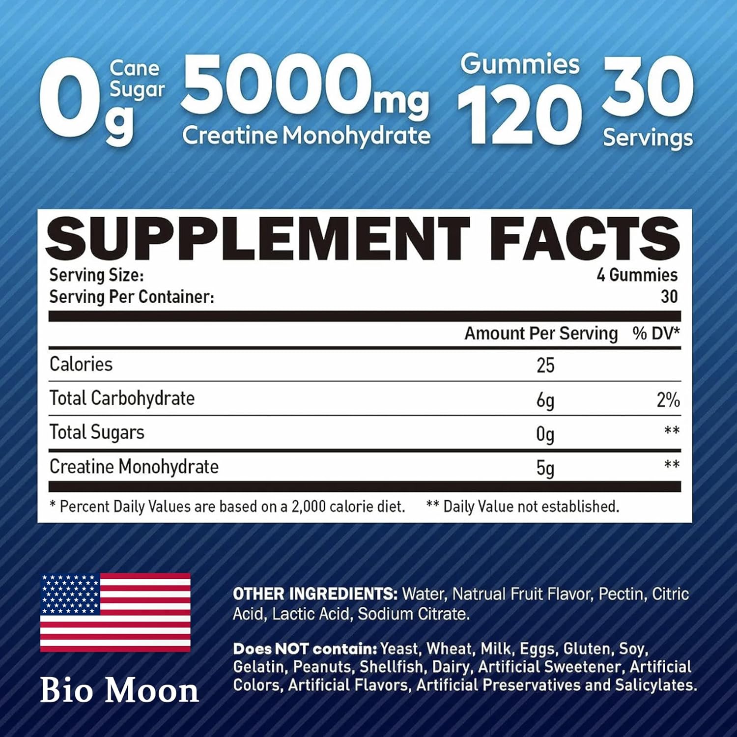 5000mg Bio Moon Mixed Berries Flavour Creatine Monohydrate Gummies - Pre-Workout Supplement for Muscle Strength & Energy Boost - 120 Count for Men & Women