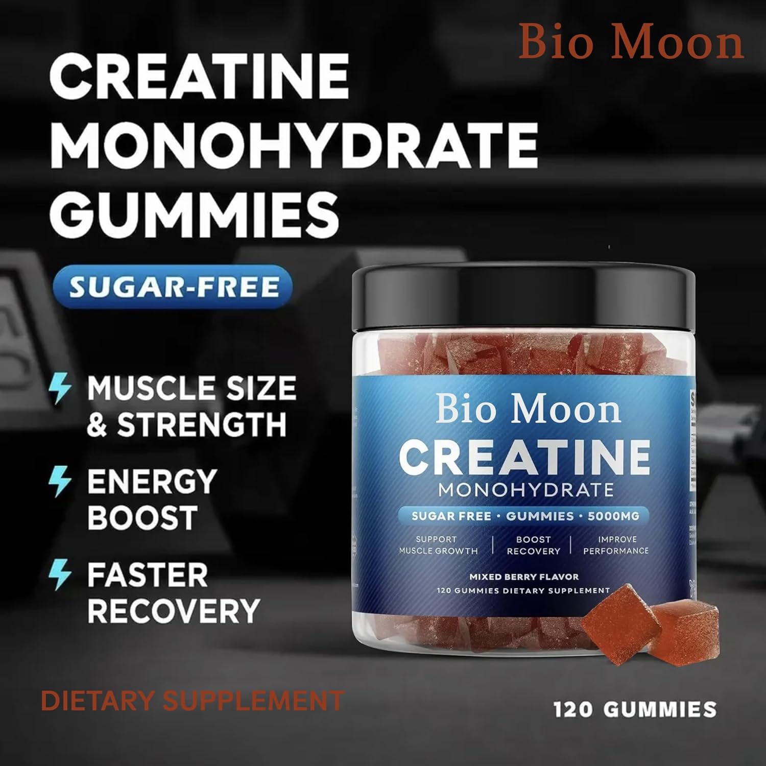 5000mg Bio Moon Mixed Berries Flavour Creatine Monohydrate Gummies - Pre-Workout Supplement for Muscle Strength & Energy Boost - 120 Count for Men & Women
