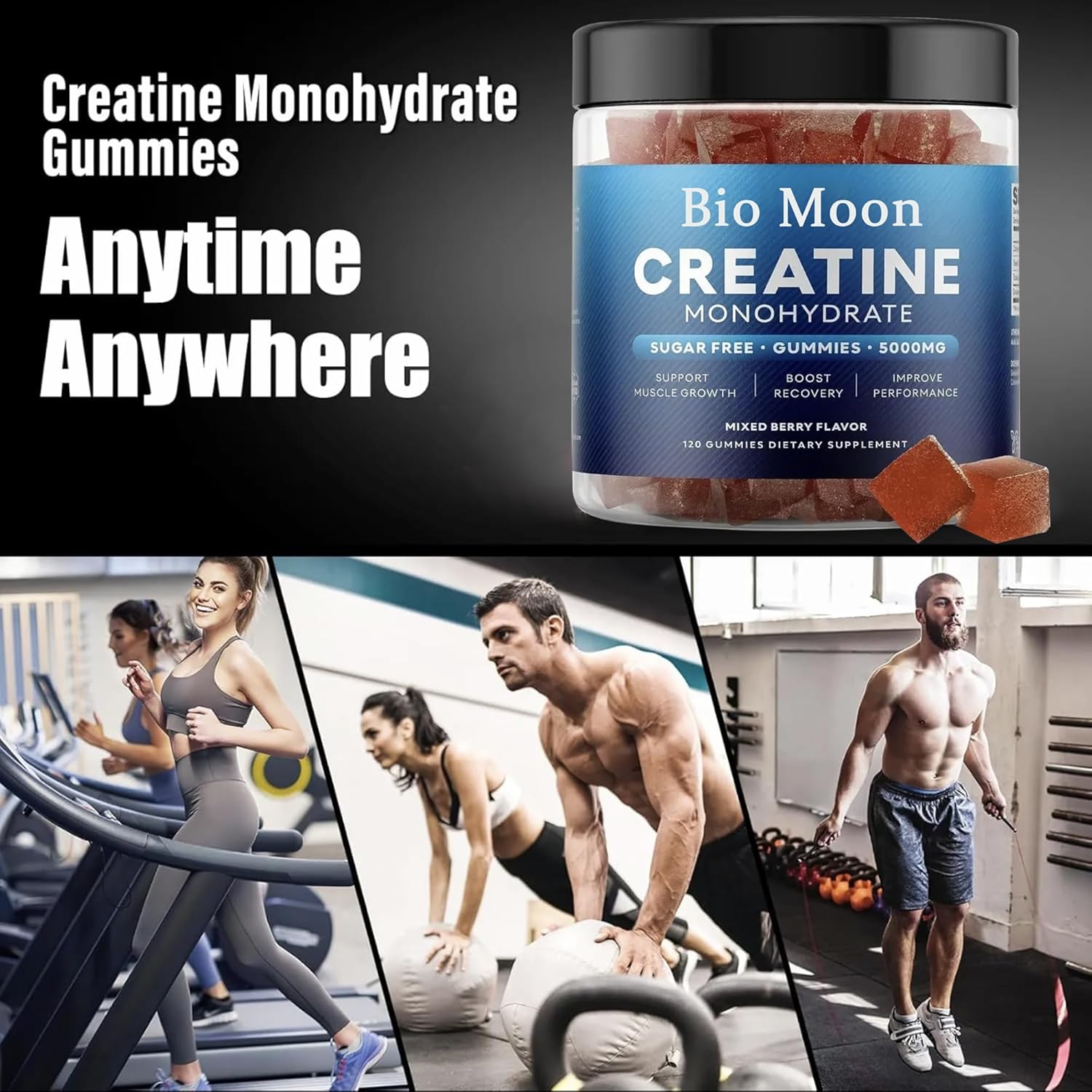 5000mg Bio Moon Mixed Berries Flavour Creatine Monohydrate Gummies - Pre-Workout Supplement for Muscle Strength & Energy Boost - 120 Count for Men & Women