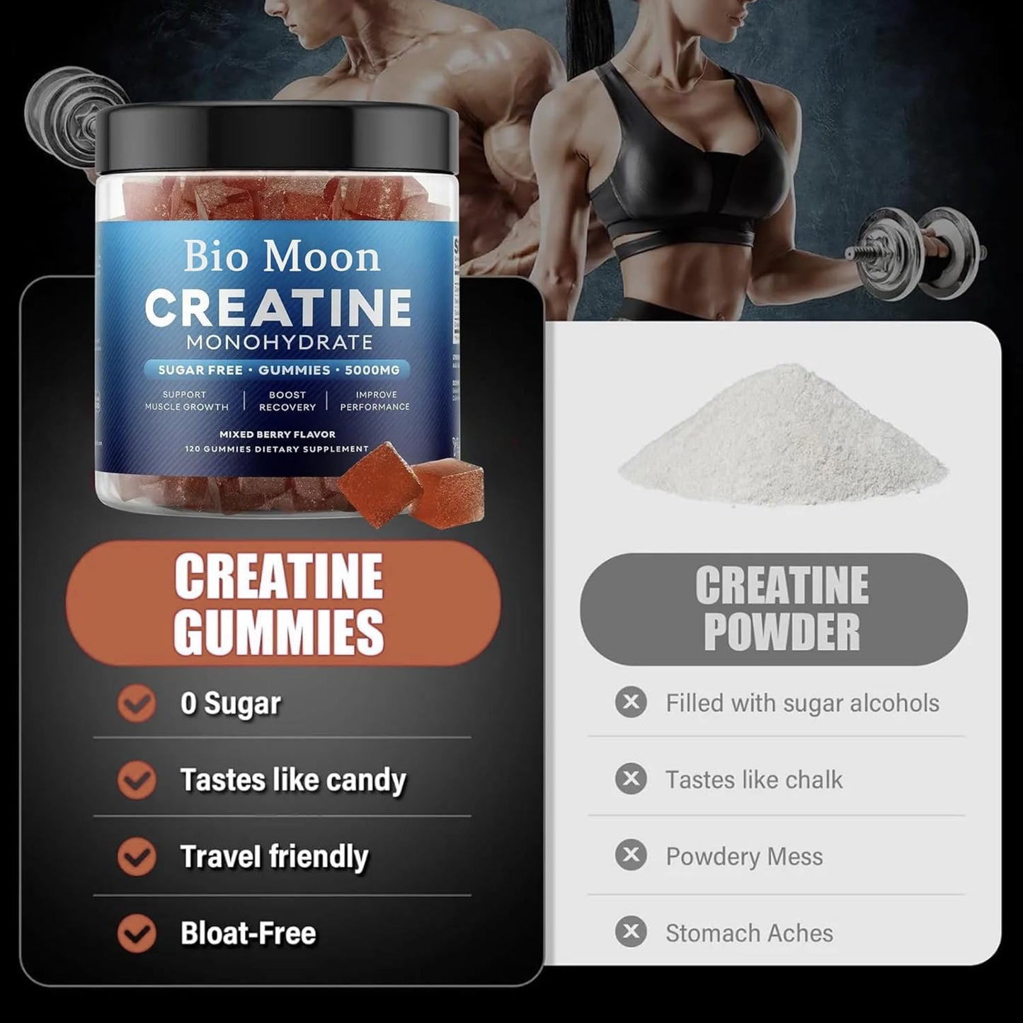 5000mg Bio Moon Mixed Berries Flavour Creatine Monohydrate Gummies - Pre-Workout Supplement for Muscle Strength & Energy Boost - 120 Count for Men & Women