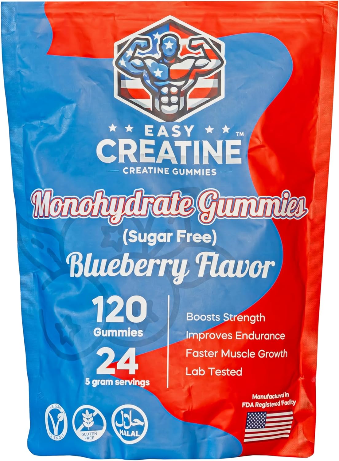 5000mg EasyCreatine Infused Gummies - 120 Count Chewable Creatine Monohydrate for Muscle Growth, Energy Boost, Recovery - 5g per Serving - Sugar Free, Vegan, Halal - Blueberry Flavor