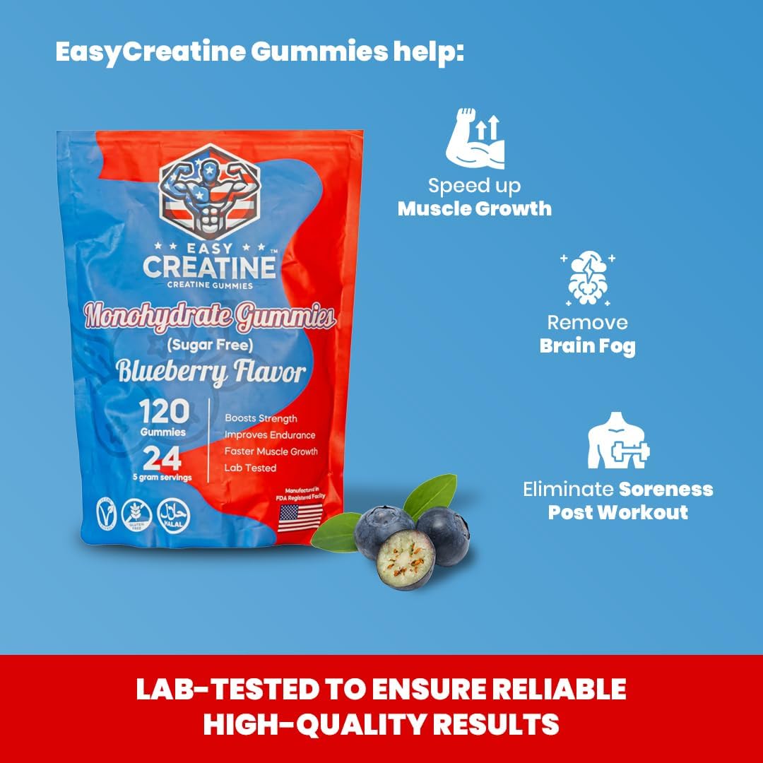 5000mg EasyCreatine Infused Gummies - 120 Count Chewable Creatine Monohydrate for Muscle Growth, Energy Boost, Recovery - 5g per Serving - Sugar Free, Vegan, Halal - Blueberry Flavor