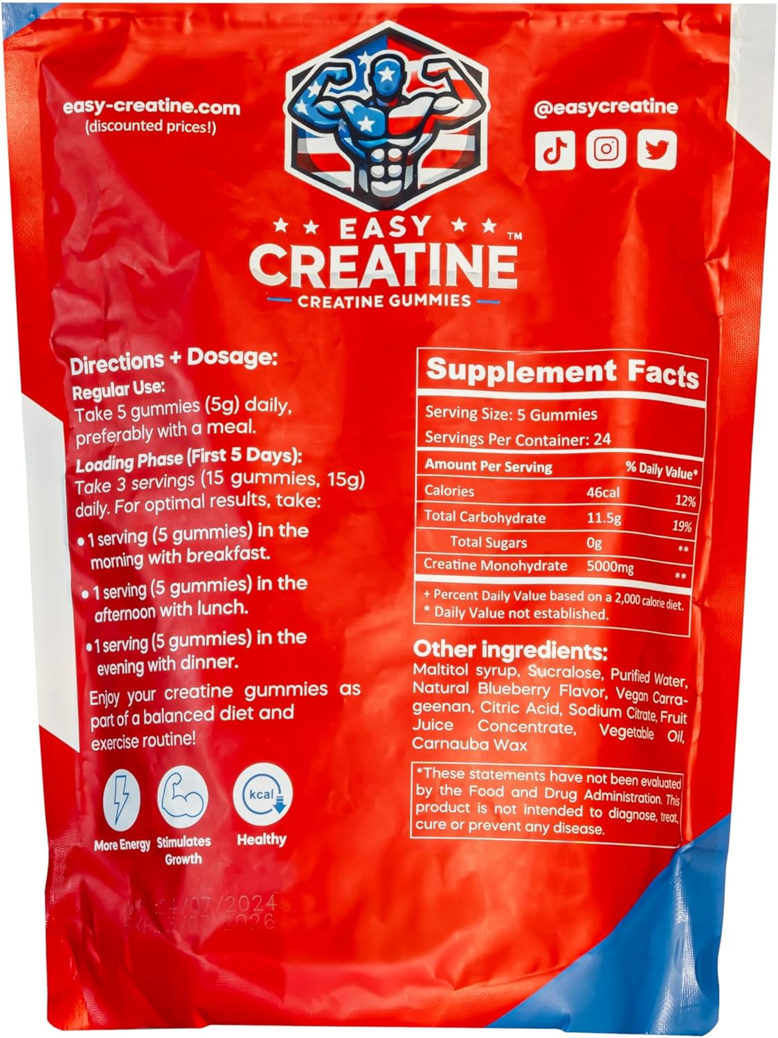 5000mg EasyCreatine Infused Gummies - 120 Count Chewable Creatine Monohydrate for Muscle Growth, Energy Boost, Recovery - 5g per Serving - Sugar Free, Vegan, Halal - Blueberry Flavor