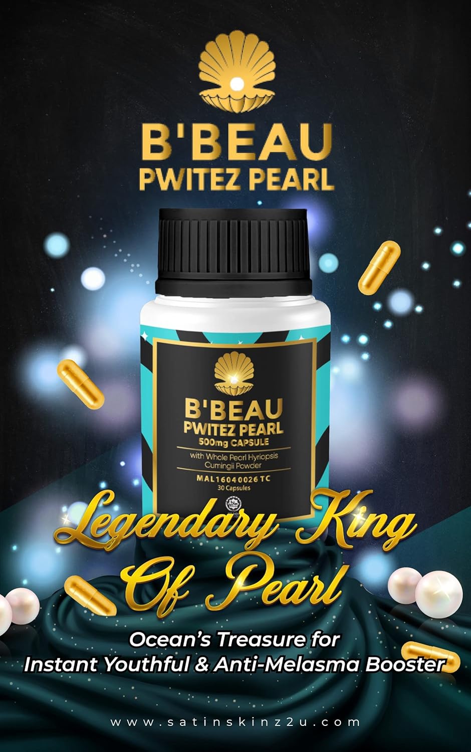 500mg B'Beau Pwitez Pearl Capsules for Anti-Aging, Hyperpigmentation Treatment & Antioxidant Support