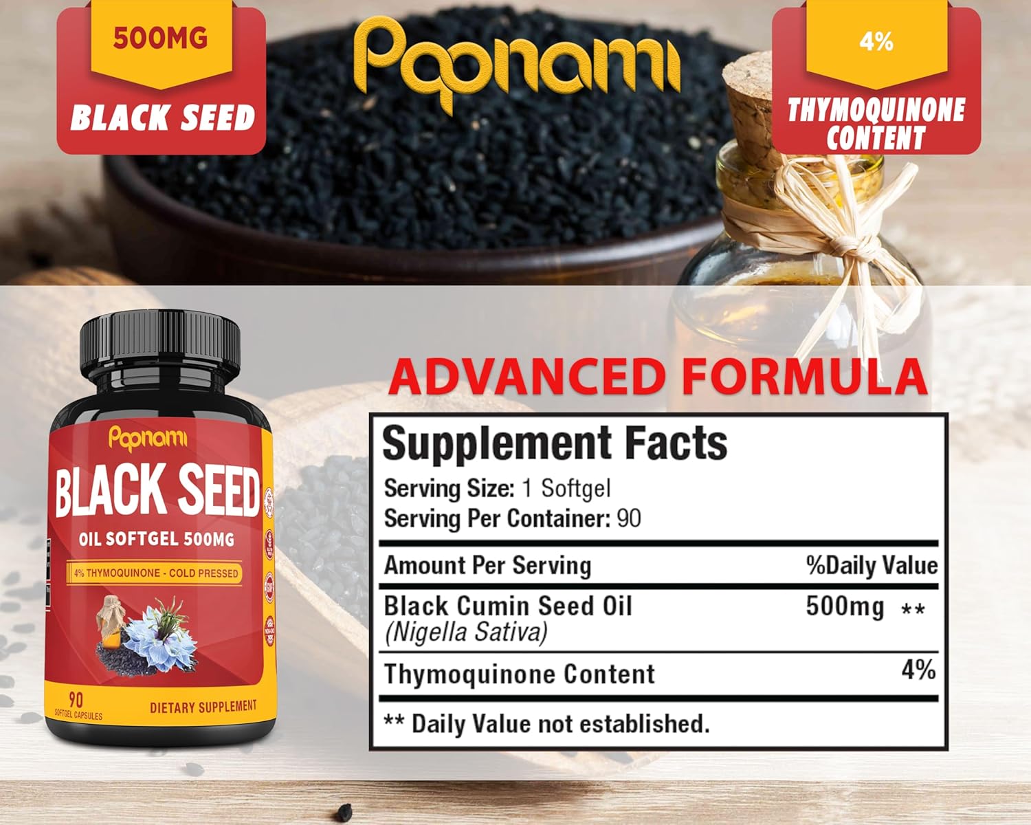 500mg Black Seed Oil Softgel Capsules - 90 Count - Immune, Heart, Digestive, Skin, Hair, Body Balance - Herbal Supplement for Wellness - 3 Month Supply