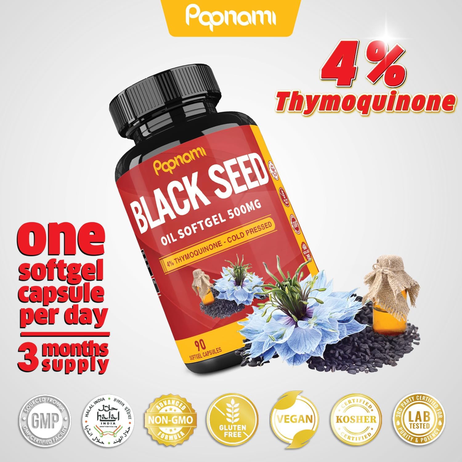 500mg Black Seed Oil Softgel Capsules - 90 Count - Immune, Heart, Digestive, Skin, Hair, Body Balance - Herbal Supplement for Wellness - 3 Month Supply