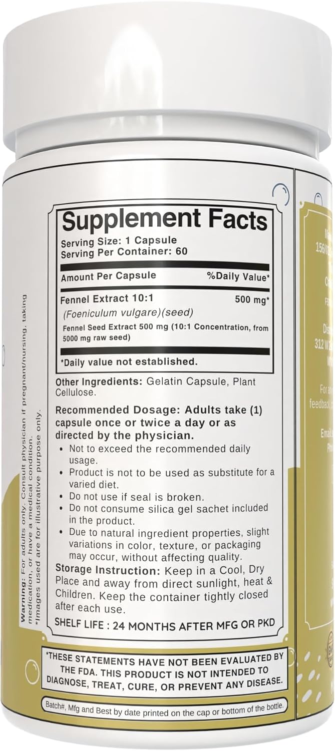 500mg Fennel Seed Capsules | 10:1 Concentrated Extract | Premium Herbal Supplement | Non-GMO, Gluten-Free | 60 Count Pack