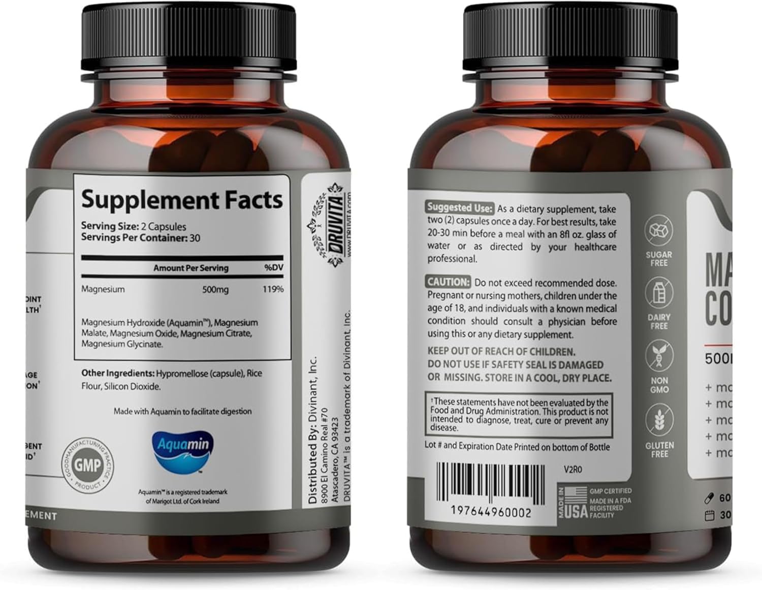 500mg Magnesium Complex with 5 Formulas for Bone, Joint, Heart, Sleep - 60 Capsules + Pill Container