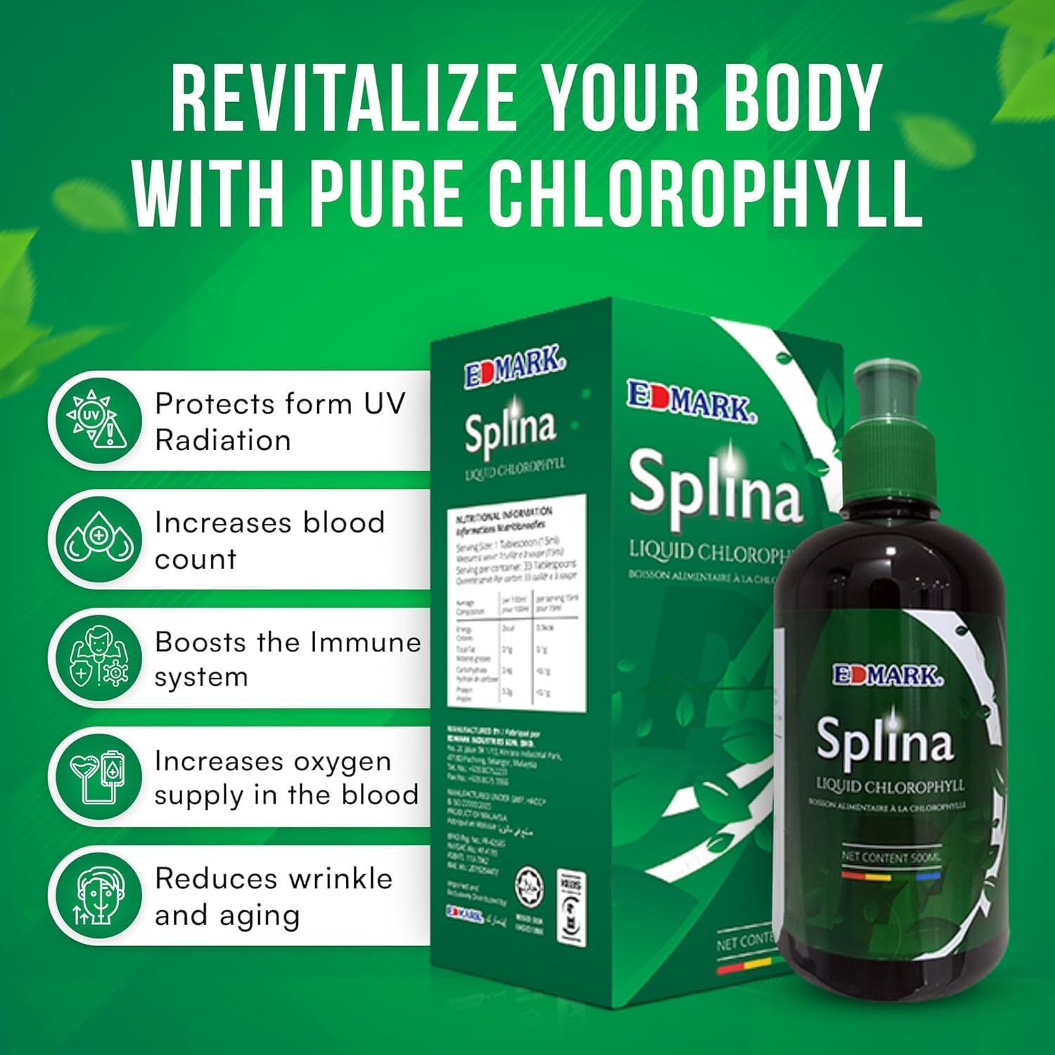 500ml Generic Splina Liquid Chlorophyll - Immune System Boost, Anti-Aging, UV Protection, Alkaline Balance
