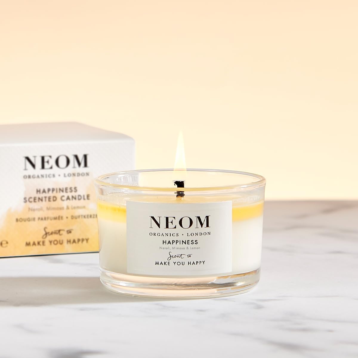 NEOM Happiness Travel Candle 125g with Neroli, Mimosa, and Lemon Essential Oils - Espot.com.au