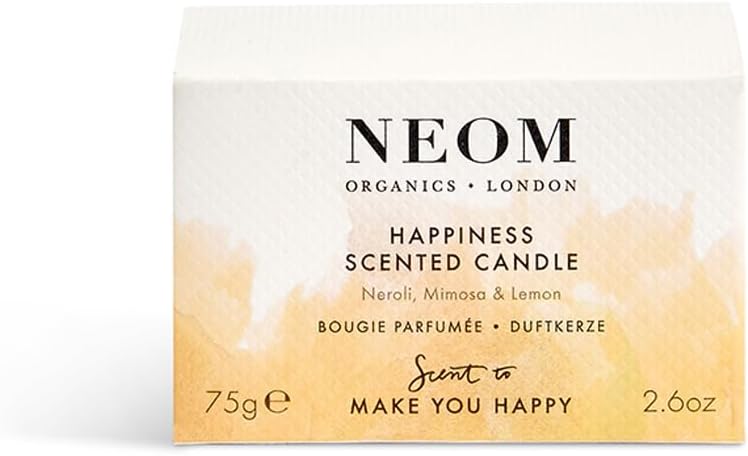 NEOM Happiness Travel Candle 125g with Neroli, Mimosa, and Lemon Essential Oils - Espot.com.au