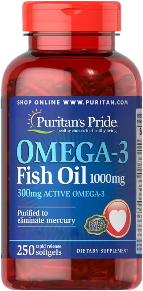 Puritan's Pride 1000 mg Omega-3 Fish Oil Softgels - 300 mg Active Omega-3 - Heart and Joint Health Support - 250 Count Bottle - Espot.com.au