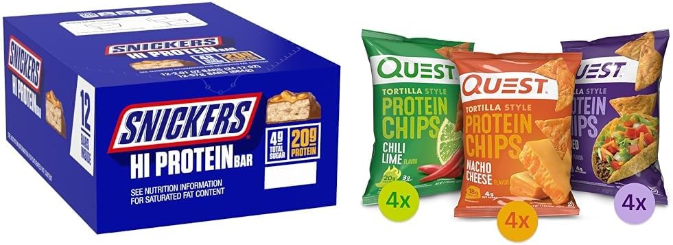 Bulk Box of SNICKERS Hi Protein Peanut Caramel Bars and Variety Pack of Quest Tortilla Protein Chips - Espot.com.au