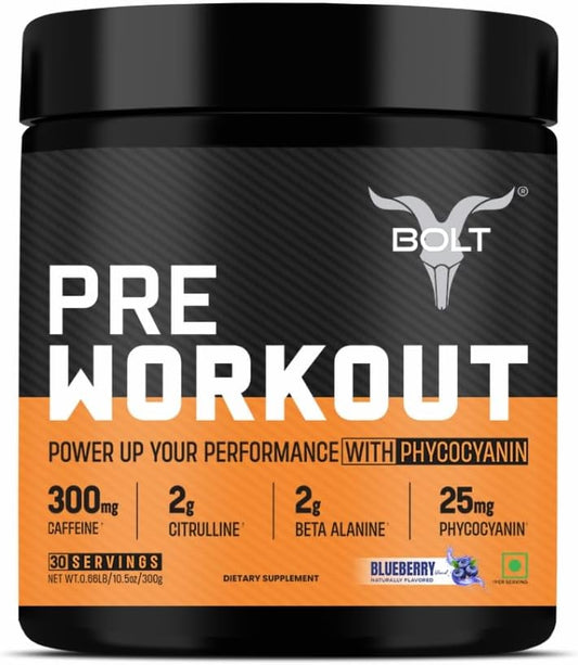 Bolt Nutrition Pre Workout Supplement with Caffeine, Citrulline Malate, B-Alanine, Taurine for Explosive Energy, Pump & Focus in Blue Berry Blast Flavor - 300g, 30 Servings - Espot.com.au