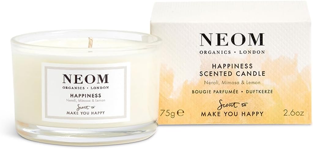 NEOM Happiness Travel Candle 125g with Neroli, Mimosa, and Lemon Essential Oils - Espot.com.au