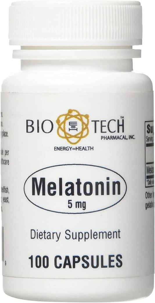 Bio-Tech Pharmacal Melatonin Capsules, 5 mg - Natural Sleep Support for Cardiovascular, Immune, and Bone Health - 100 Count - Dairy, Fish, Gluten, Peanut, Shellfish, GMO, and Soy Free - Espot.com.au