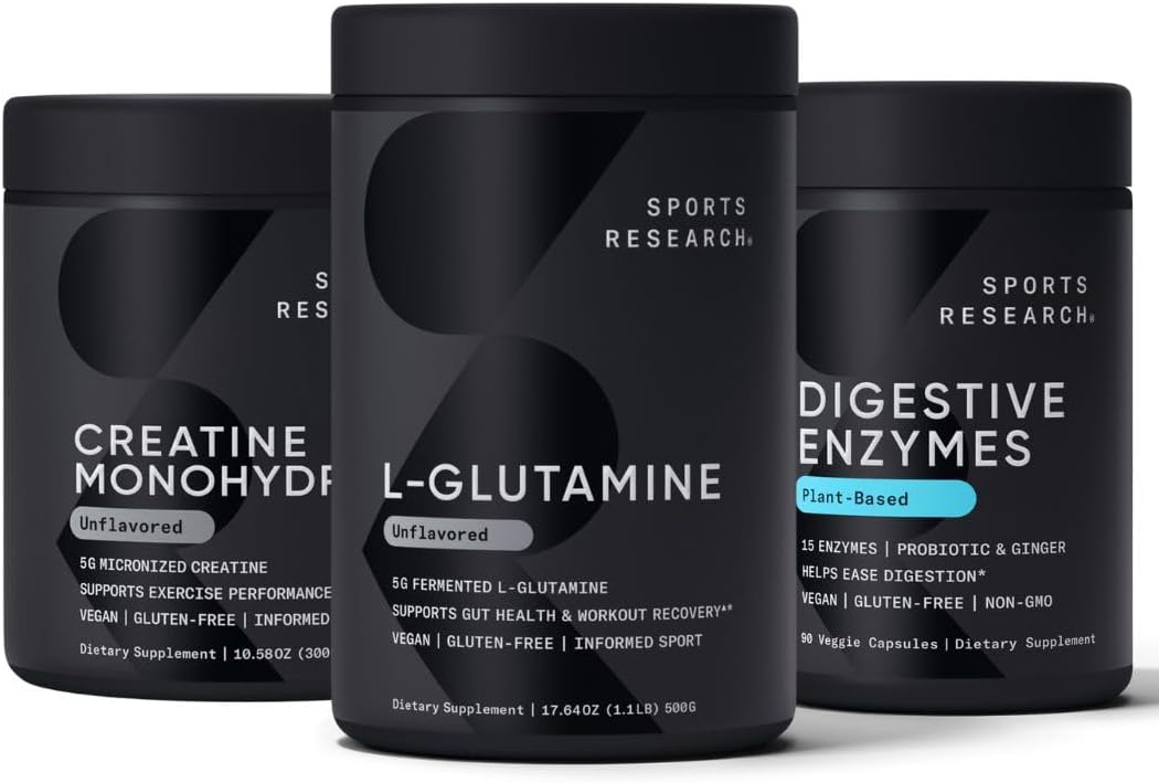 Non-GMO Sports Research Bundle: L-Glutamine (100 Servings), Creatine Monohydrate (60 Servings), Digestive Enzymes with Probiotics & Ginger (90 Servings) - Vegan & Gluten Free - Espot.com.au