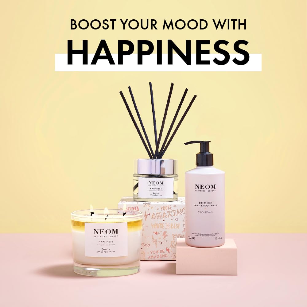 NEOM Happiness Reed Diffuser - 3.38fl oz | Uplifting Neroli, Mimosa & Lemon Essential Oil Blend | 100% Natural Fragrance | Scent to Boost Your Mood - Espot.com.au
