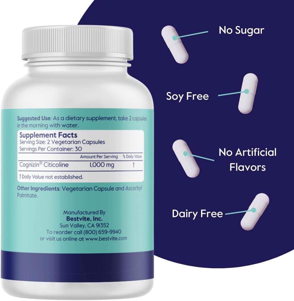 Cognizin 500mg Premium Choline Nootropic Capsules - Vegan, Non GMO, Gluten Free - Clinically Studied Brain Supplement for Memory and Focus - 60 Vegetarian Capsules - Espot.com.au