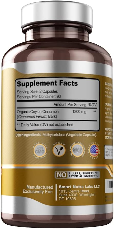 Organic Ceylon Cinnamon Supplement - 1200mg per Serving, 180 Vegan Capsules - 100% Pure True Ceylon Cinnamon - Smart Nutra Labs - Espot.com.au