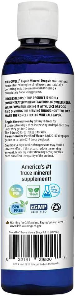 NANOWELL Liquid Mineral Drops - Full Spectrum Trace Mineral Supplement with Ionic Magnesium, Chloride, and Potassium for Energy, Electrolytes, and Hydration - Low Sodium - 96 Day Supply, 8 fl oz - Espot.com.au