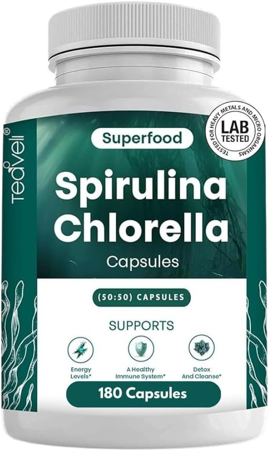 Organic Spirulina and Chlorella Capsules - 180 Chlorophyll Pills for Detox & Energy - Blue Green Algae Powder - 3X More Chlorella Spirulina Powder/Serving - Espot.com.au