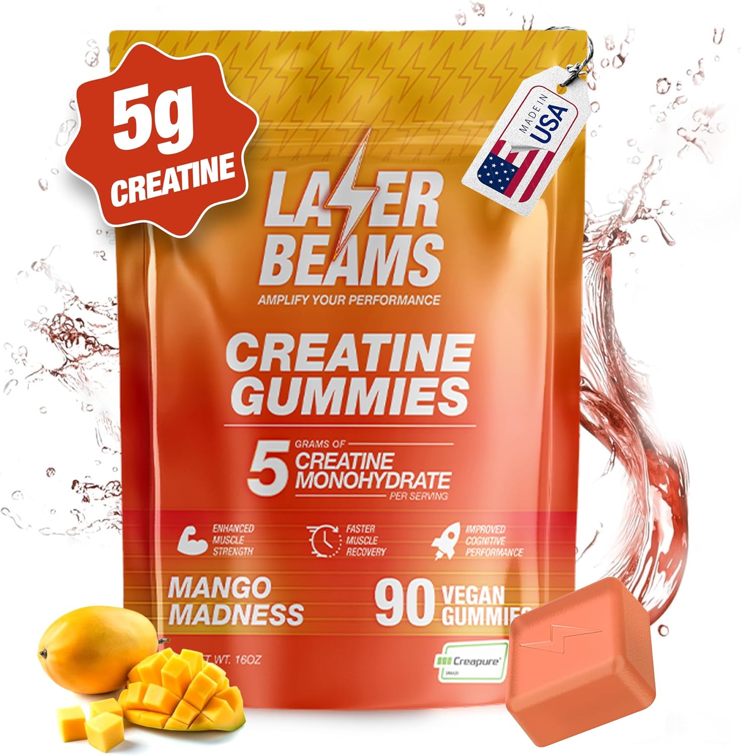 5g Creapure Creatine Mango Gummies - Vegan & Gluten-Free - Boost Muscle Strength, Endurance, Recovery - 90 Gummies