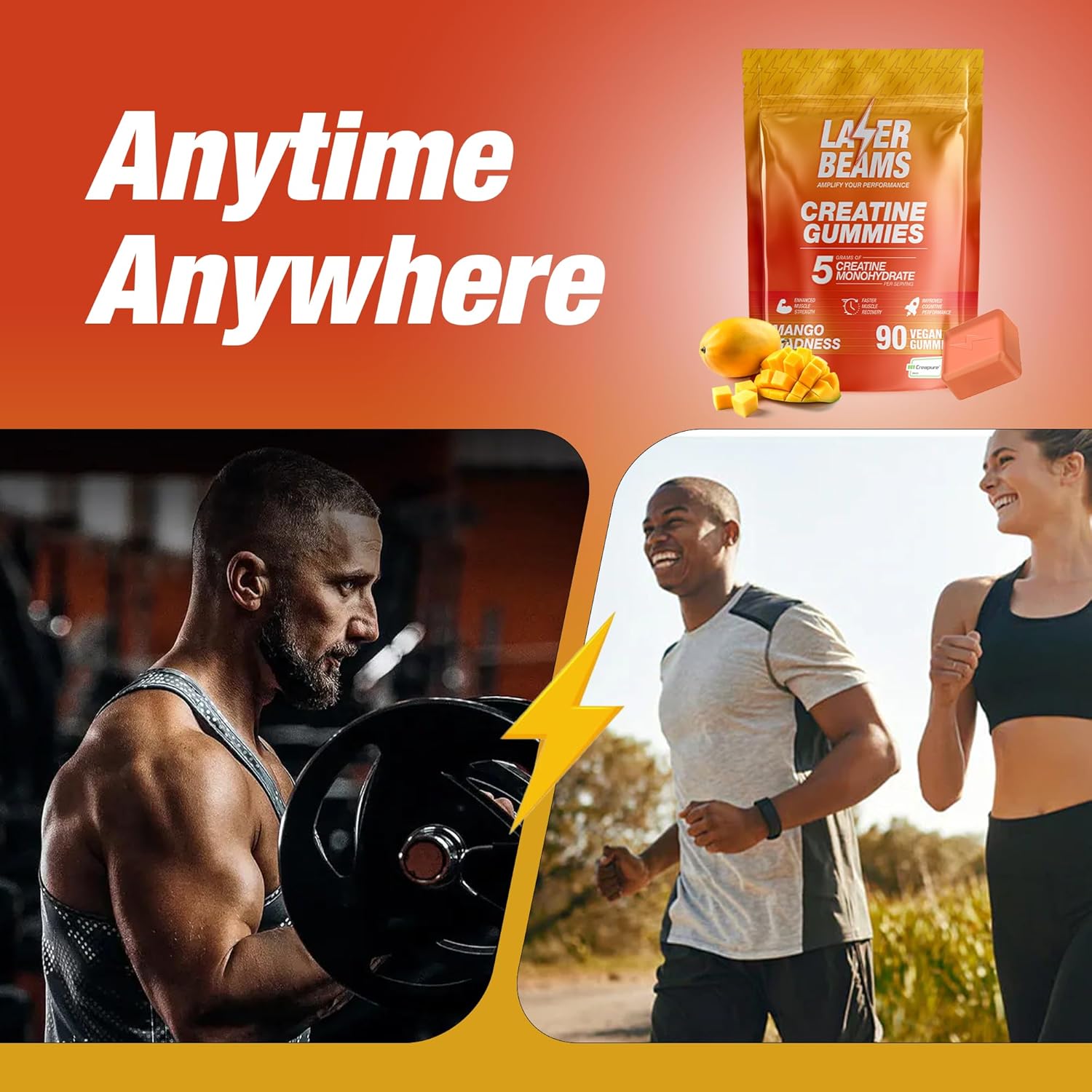 5g Creapure Creatine Mango Gummies - Vegan & Gluten-Free - Boost Muscle Strength, Endurance, Recovery - 90 Gummies