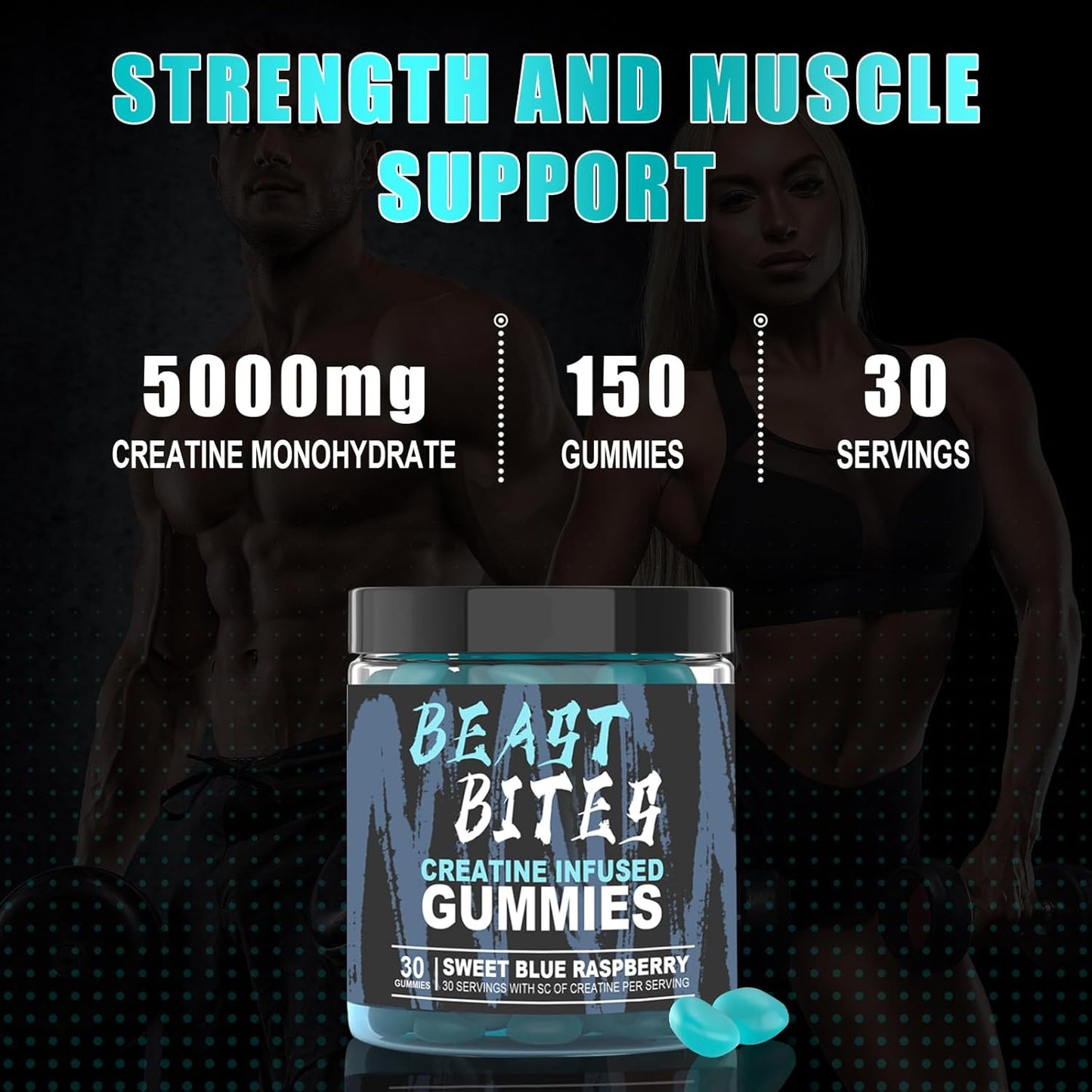 5g Creatine Monohydrate Vegan Gummies - No Sugar/Artificial Colors - Blue Raspberry Flavor - 30 Count - Made in USA