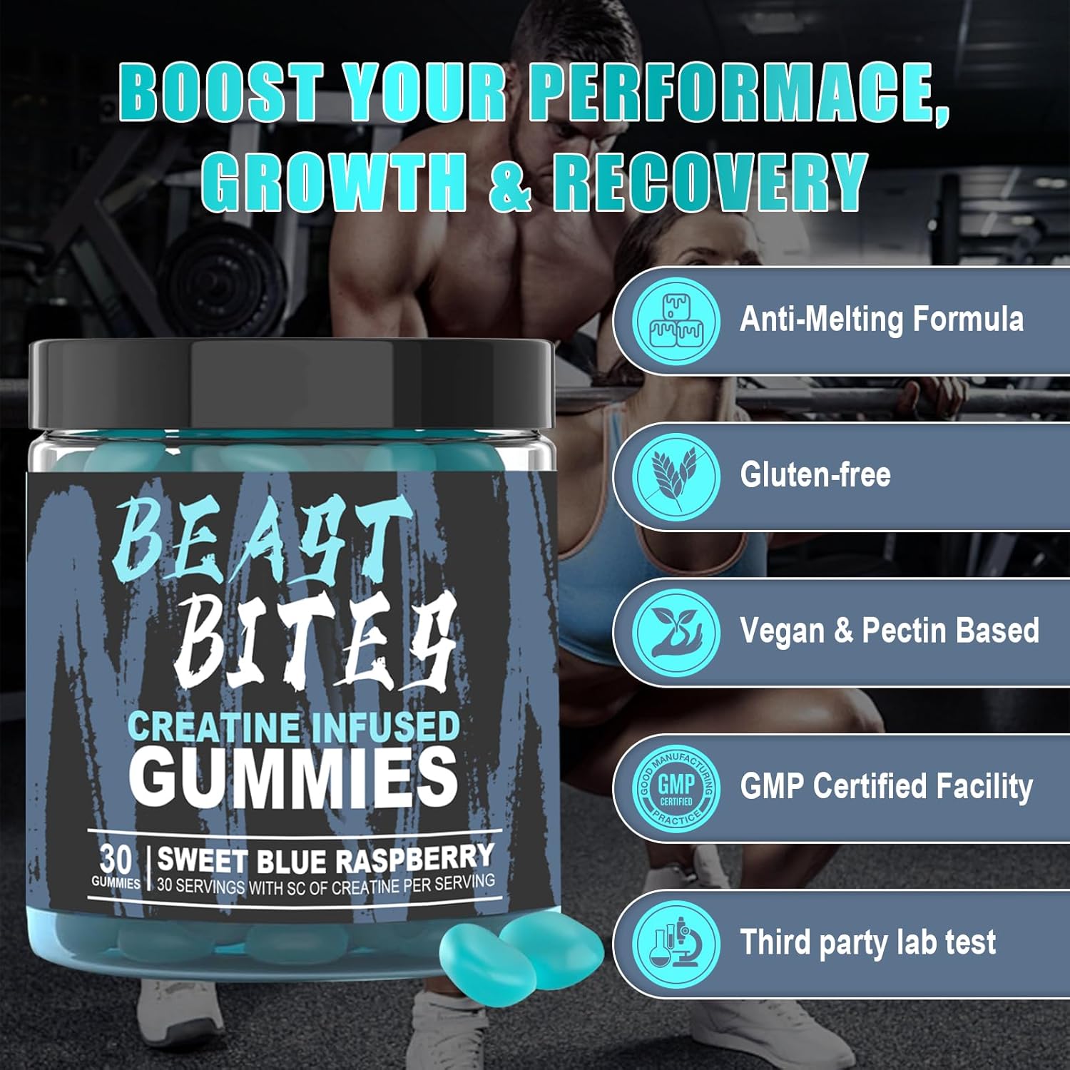 5g Creatine Monohydrate Vegan Gummies - No Sugar/Artificial Colors - Blue Raspberry Flavor - 30 Count - Made in USA