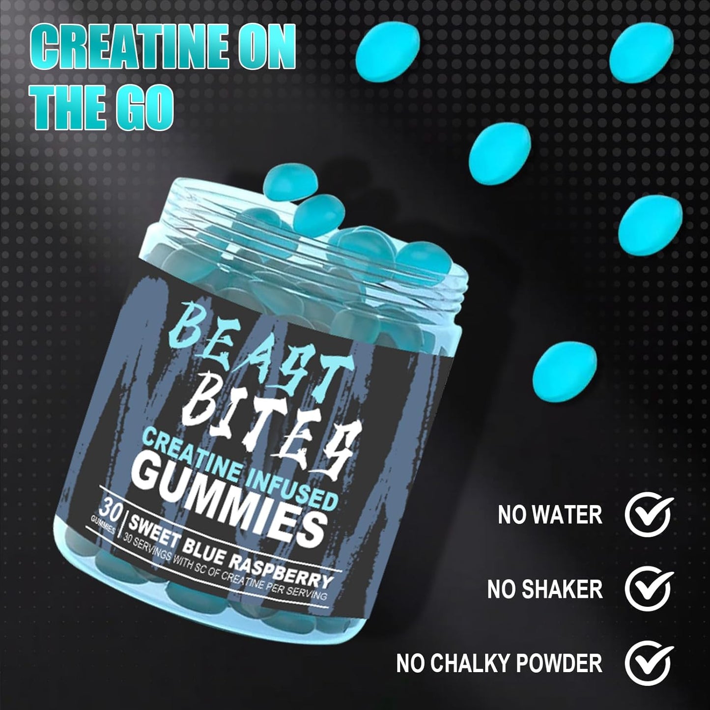 5g Creatine Monohydrate Vegan Gummies - No Sugar/Artificial Colors - Blue Raspberry Flavor - 30 Count - Made in USA
