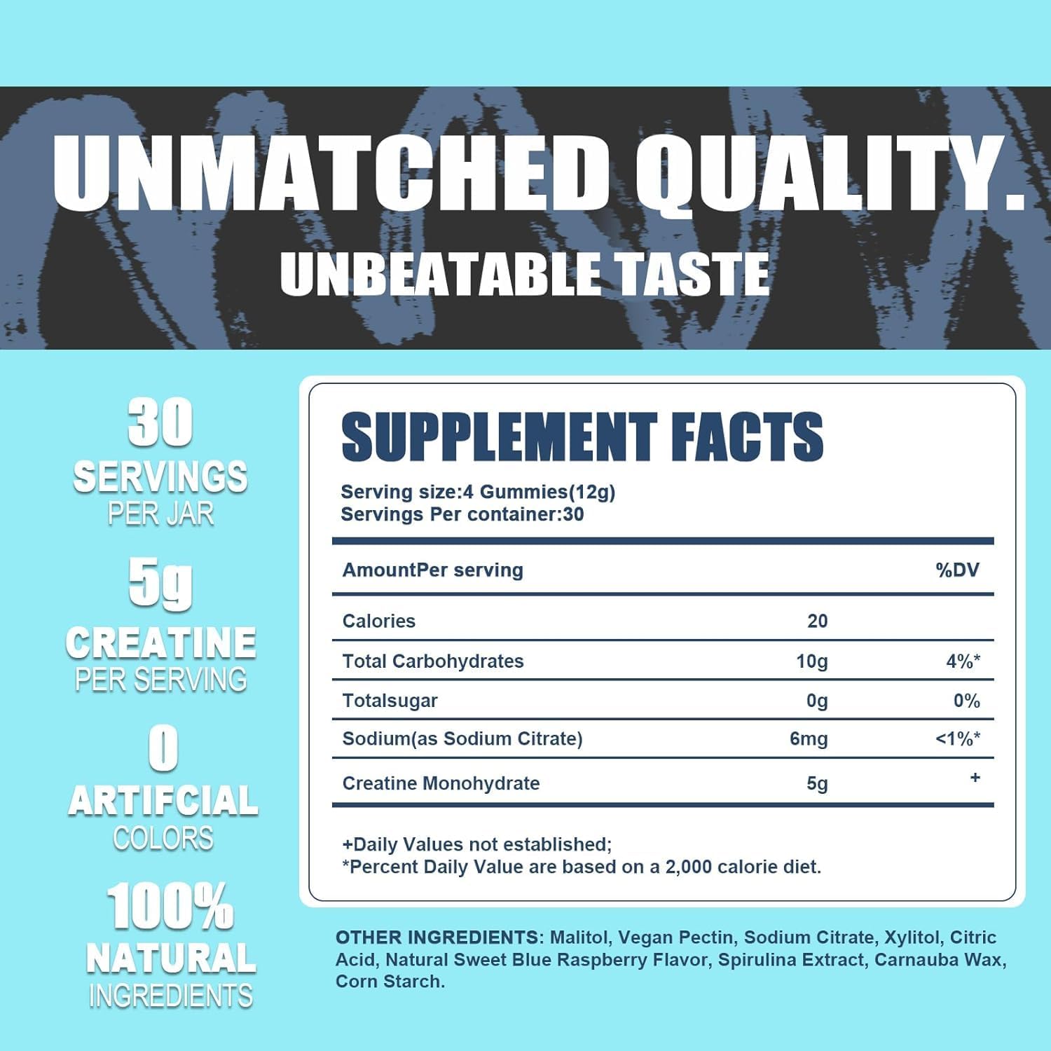 5g Creatine Monohydrate Vegan Gummies - No Sugar/Artificial Colors - Blue Raspberry Flavor - 30 Count - Made in USA