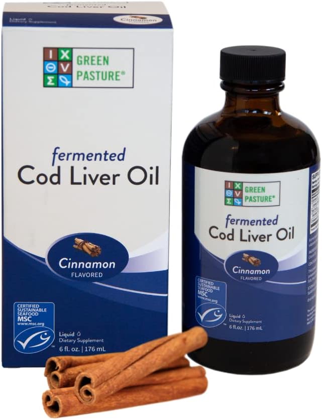 6 fl oz Green Pasture Fermented Cod Liver Oil Liquid with Vitamin A, D, Omega 3, 6, 9 - Cinnamon Flavor