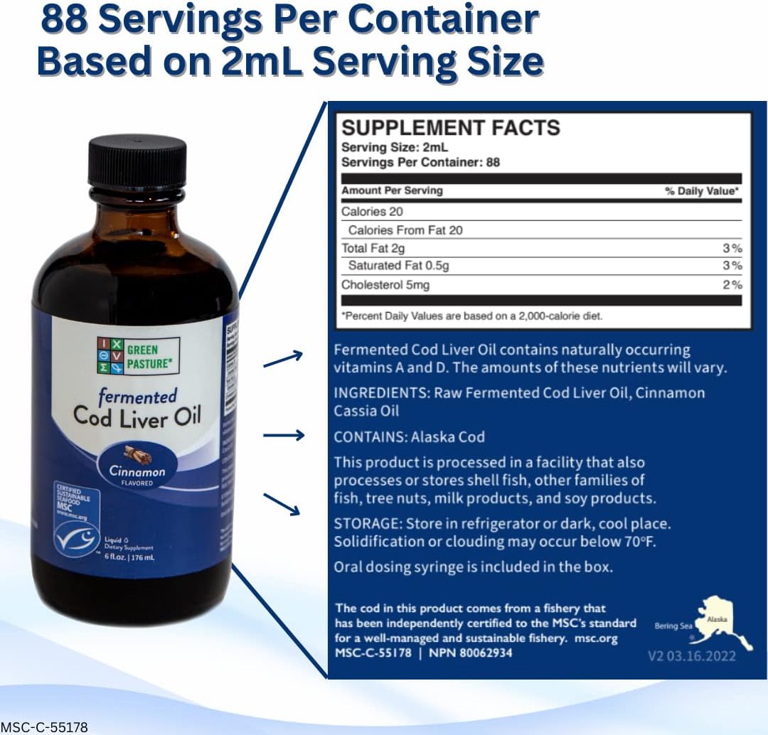 6 fl oz Green Pasture Fermented Cod Liver Oil Liquid with Vitamin A, D, Omega 3, 6, 9 - Cinnamon Flavor