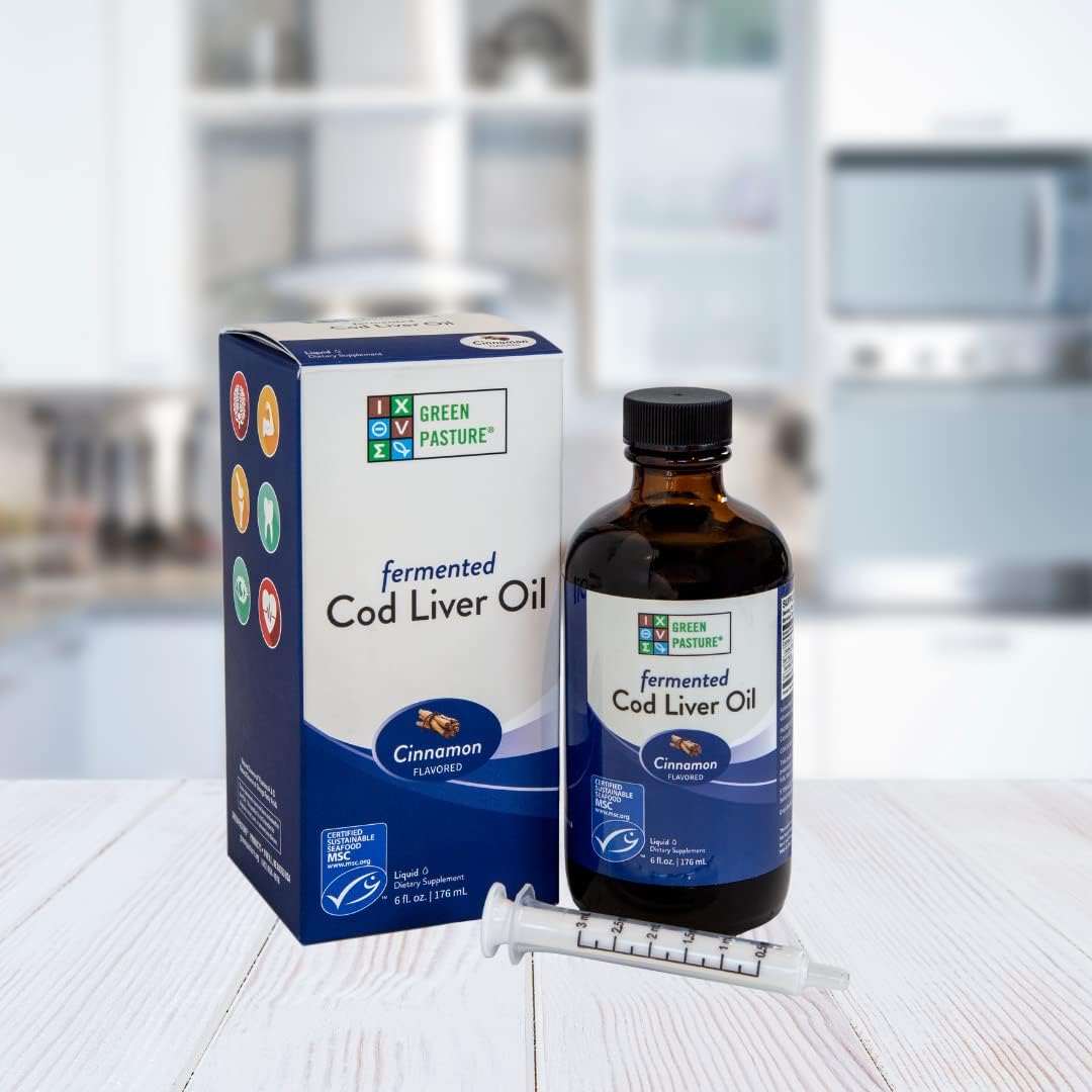 6 fl oz Green Pasture Fermented Cod Liver Oil Liquid with Vitamin A, D, Omega 3, 6, 9 - Cinnamon Flavor