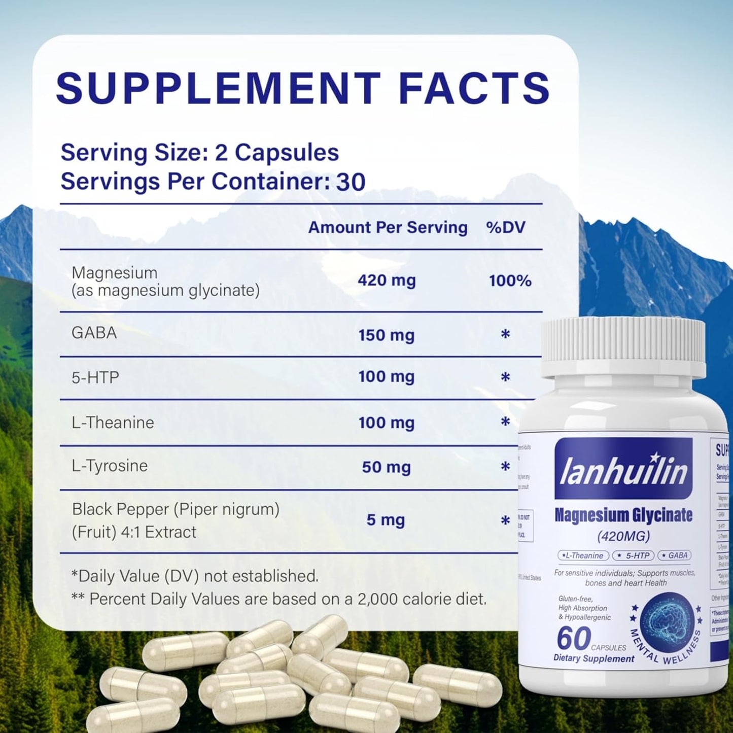 6-in-1 Magnesium Complex with GABA, 5-HTP, L-Theanine, L-Tyrosine - 420mg, High Absorption, Vegetarian - 60 Capsules