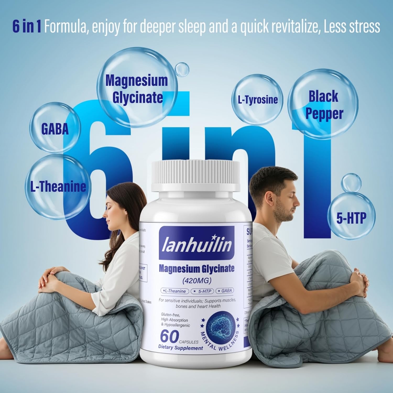 6-in-1 Magnesium Complex with GABA, 5-HTP, L-Theanine, L-Tyrosine - 420mg, High Absorption, Vegetarian - 60 Capsules