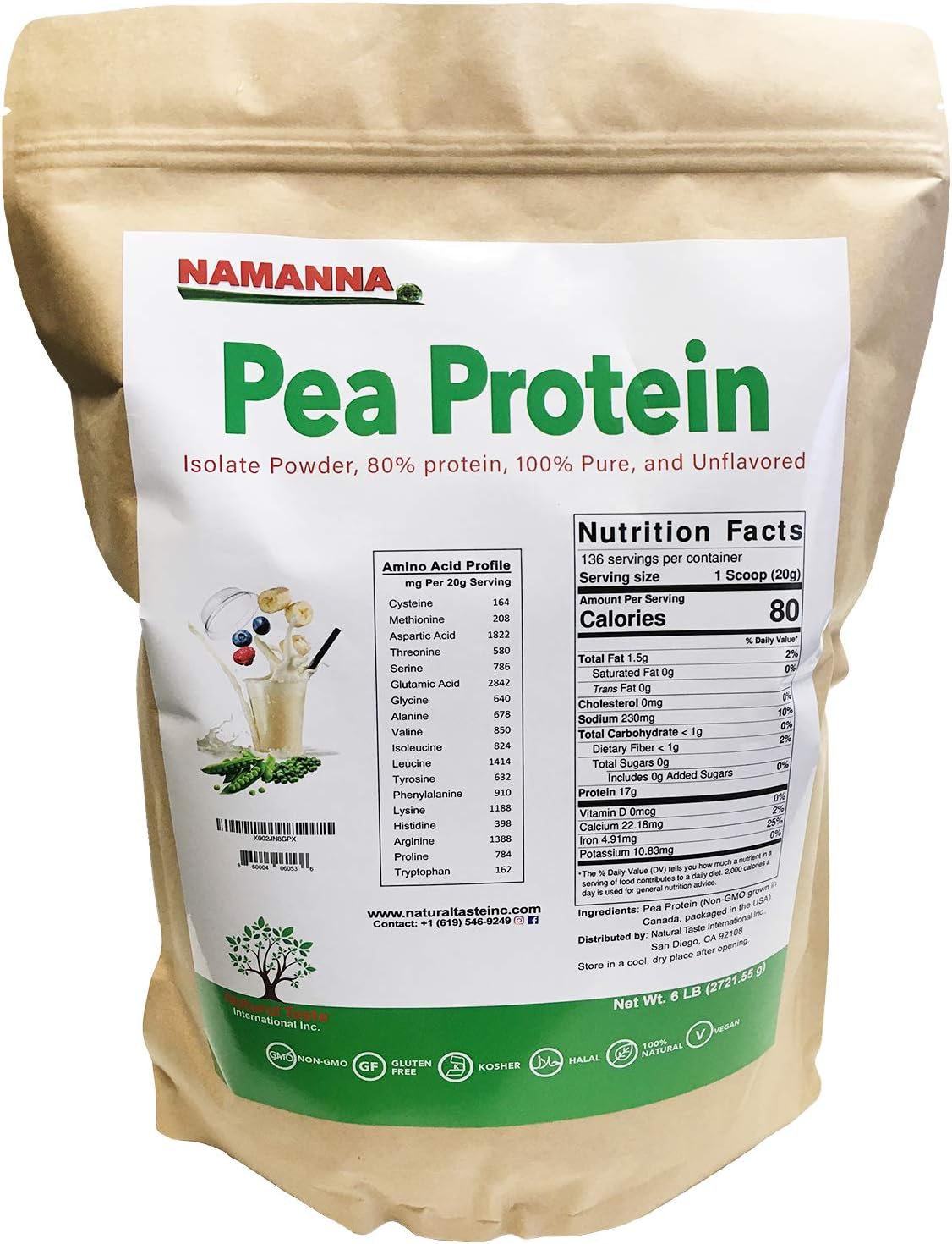 6 lb NAMANNA Pea Protein Powder - 80% Protein, Non-GMO, Vegan, Kosher, Halal, Gluten Free, Dairy Free, Soy Free, Hypoallergenic - 100% Pure Unflavored Plant Based Protein for Keto Friendly Diets