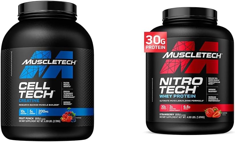 6 lbs MuscleTech Cell-Tech Creatine Powder & 4 lbs Nitro-Tech Whey Protein Bundle - Strawberry Flavor for Muscle Building & Recovery
