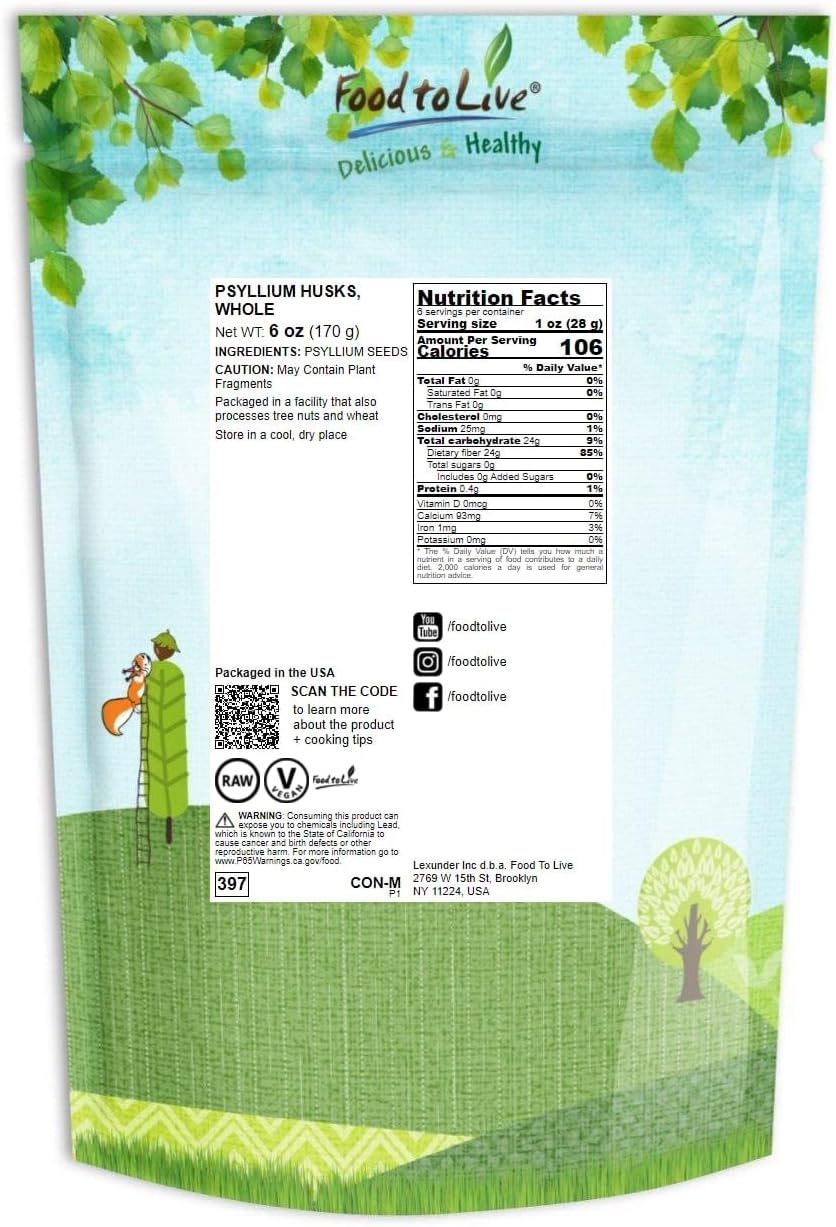 6 oz Whole Psyllium Husk Flakes - Pure Unflavored Keto Vegan Fiber Source - Soluble Insoluble - Water Smoothies Juice - Bulk Pack