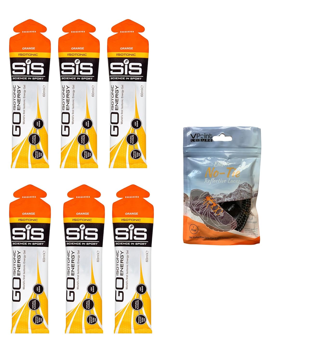 6-Pack VPoint Leisure Science in Sport GO Isotonic Energy Gels with No-Tie Shoe Laces - Orange Flavor, Vegan & Gluten-Free