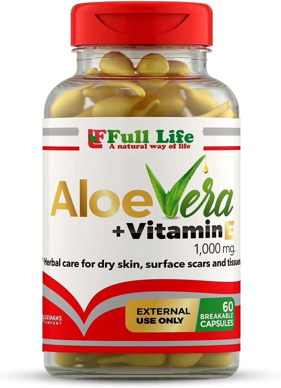 60 Breakable Capsules of Full Life Aloe Vera and Vitamin E for Healthy, Moisturized, and Anti-aging Skincare