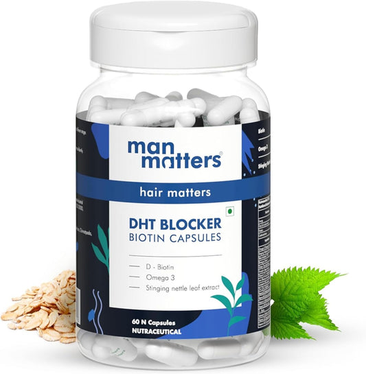60 Capsules Natural DHT Blocker Biotin Capsules for Hair Fall Control & Growth | D-Biotin, Vitamins, Iron, Omega 3, Stinging Nettle Leaf Extract