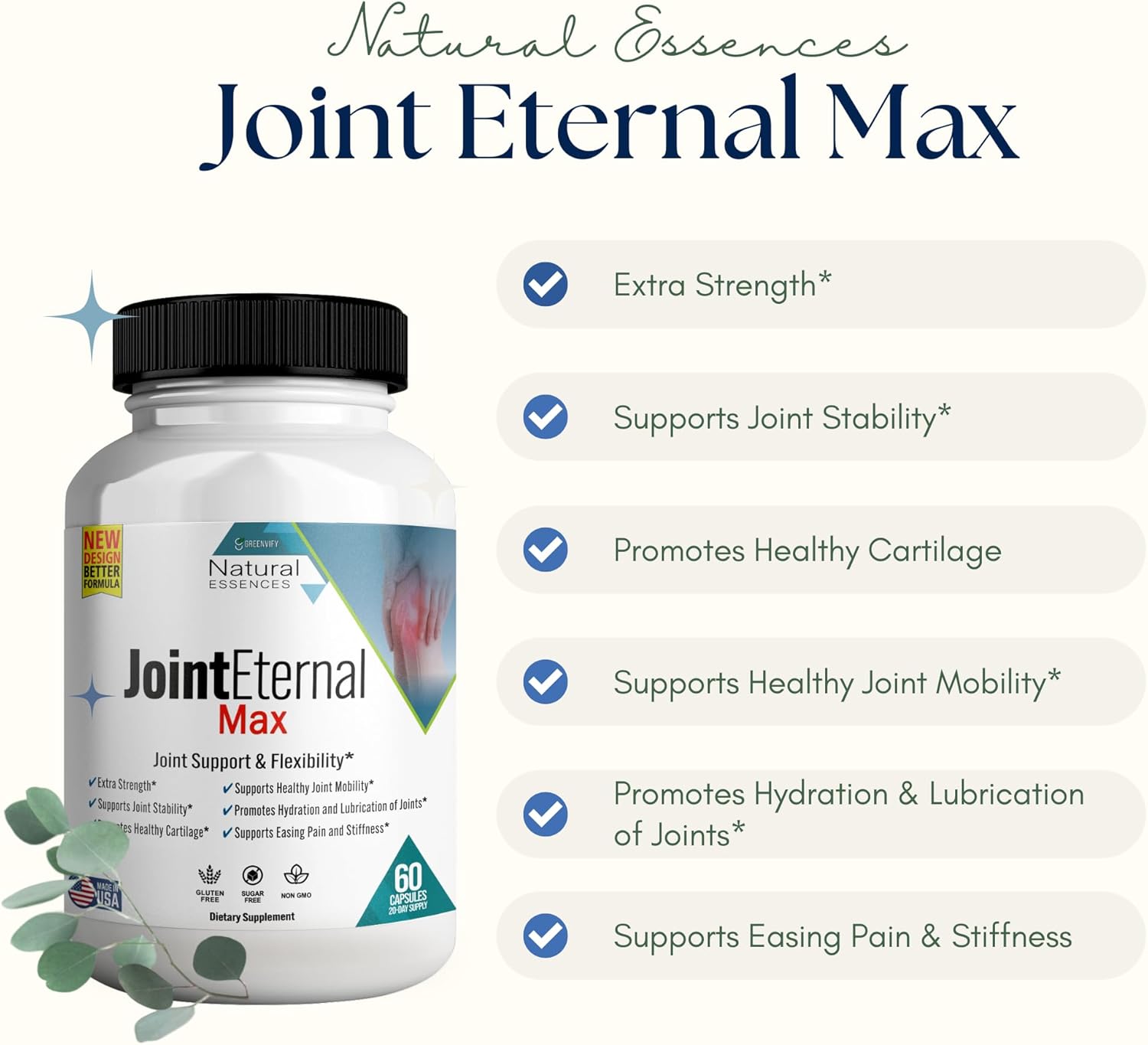 60 Capsules of GREENVIFY Joint Eternal Max Natural Essences Joint Support Supplement, 20 Days Supply, Gluten Free, Sugar Free, Non-GMO - Made in USA