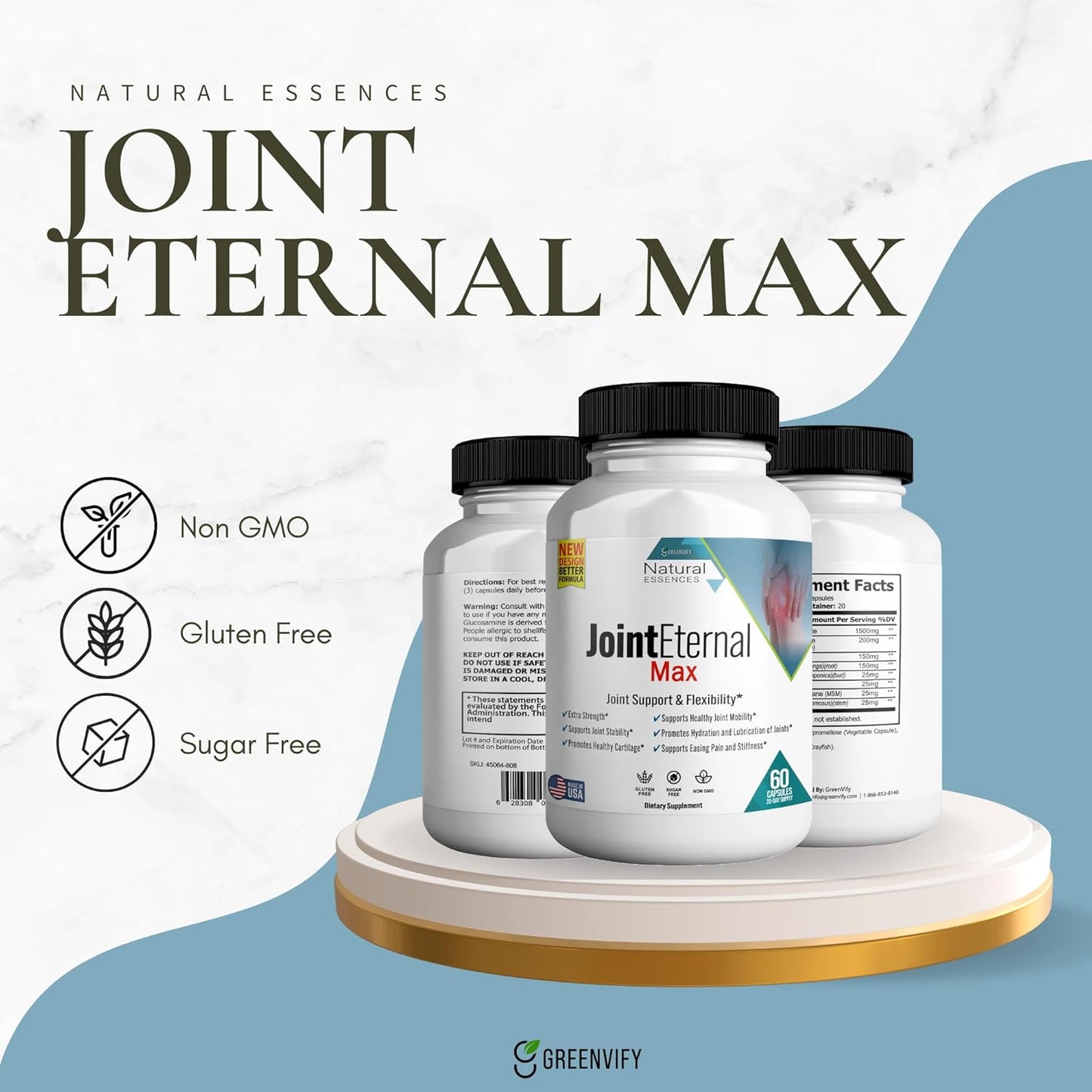 60 Capsules of GREENVIFY Joint Eternal Max Natural Essences Joint Support Supplement, 20 Days Supply, Gluten Free, Sugar Free, Non-GMO - Made in USA