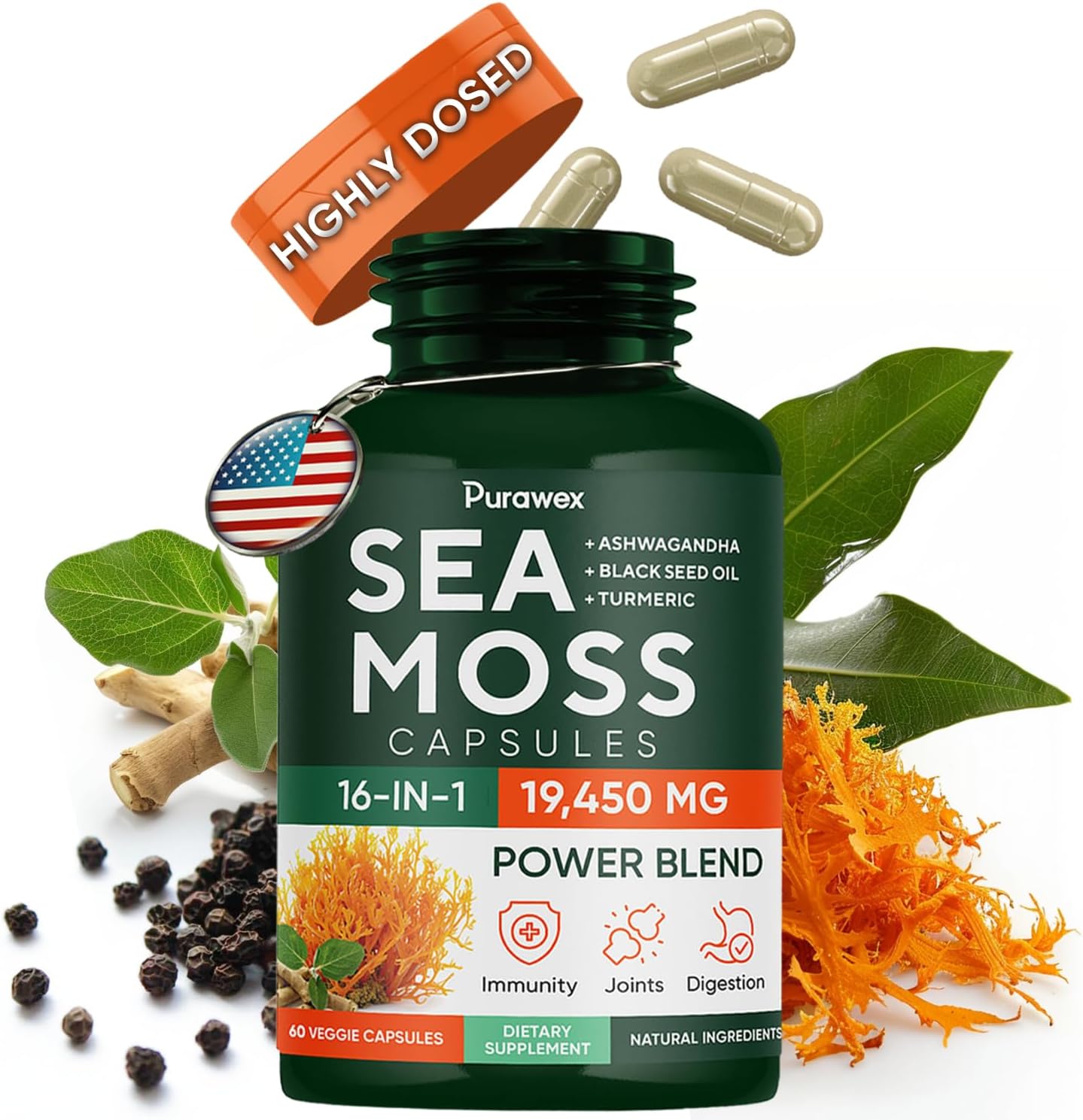 60 Capsules of Purawex Irish Sea Moss, Black Seed Oil, Ashwagandha & Ginger - 19,450mg, 30-Day Supply