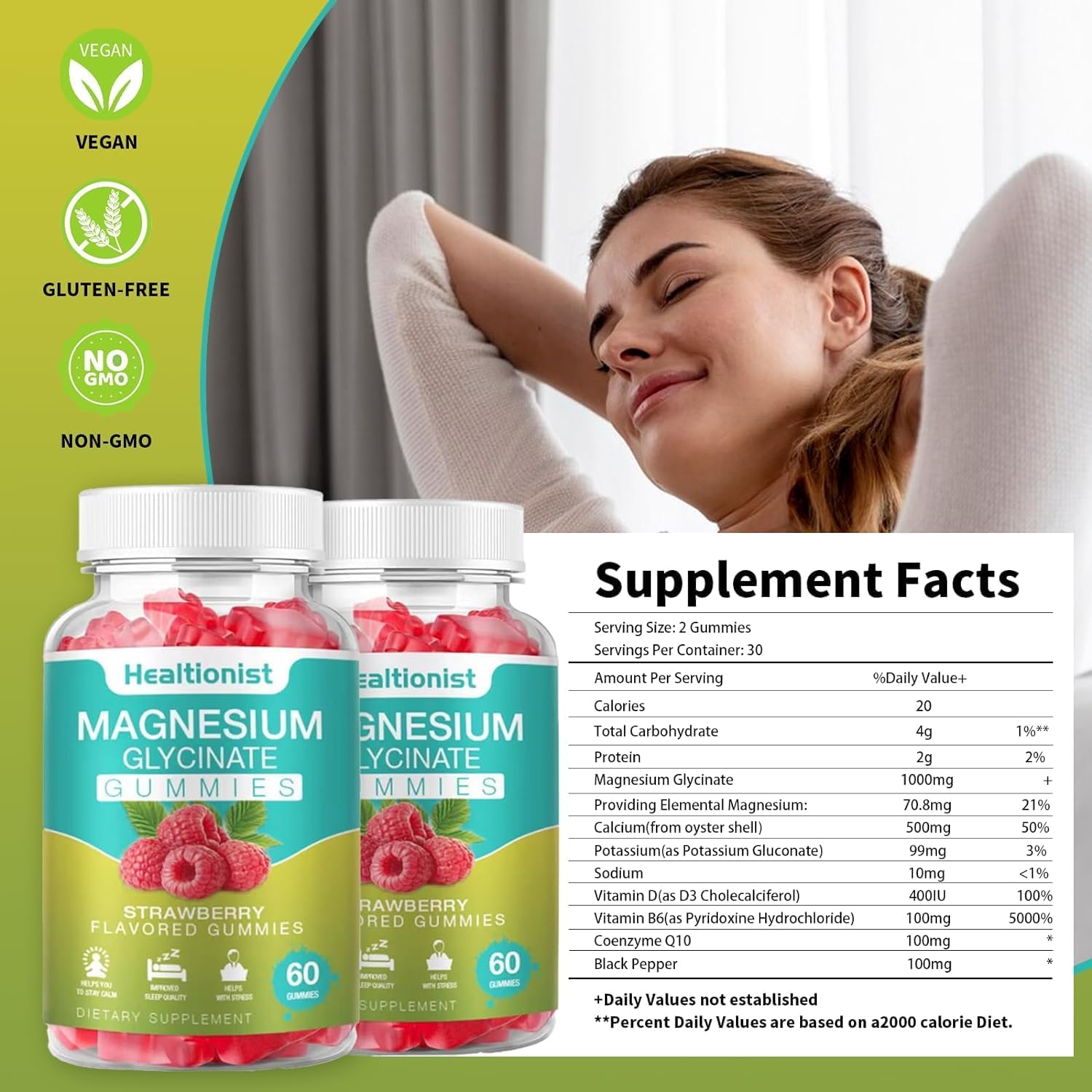 60 Count Healtionist Magnesium Glycinate Gummies for Adults & Kids - Best Supplement for Sleep, Stress, Muscle Relief, Nerve Health - Calm Gummies