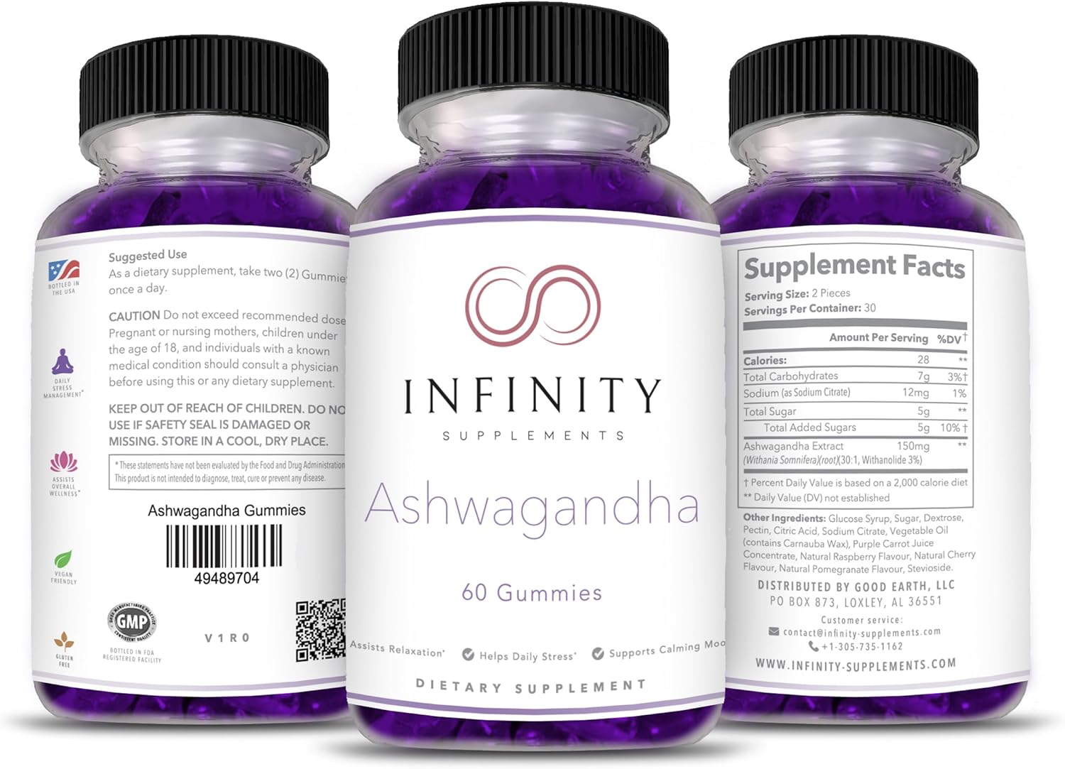 60 Count Pack of Infinity Supplements Ashwagandha Gummies - Extra Strength with Cherry, Raspberry, and Pomegranate Flavor