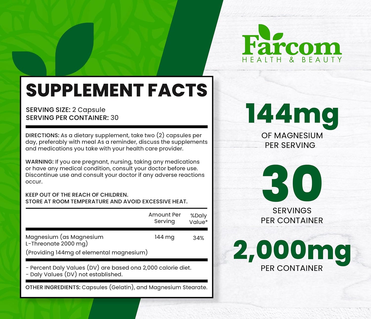 60 Farcom Magnesium L-Threonate Capsules for Memory Enhancement, Emotional Stability, and Neurological Health